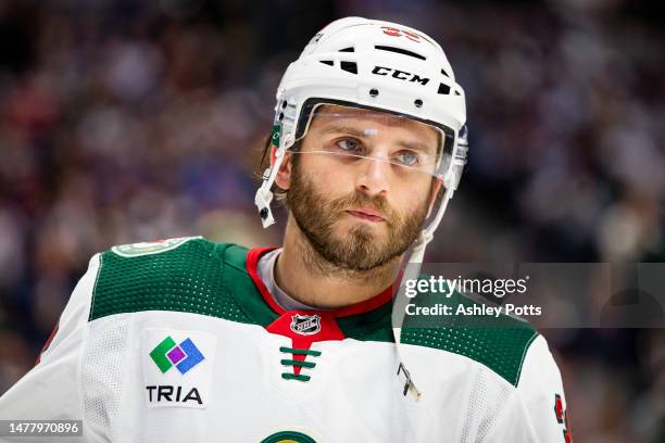 Ryan Hartman of the Minnesota Wild warms up ahead against the Colorado Avalanche at Ball Arena on March 29, 2023 in Denver, Colorado.