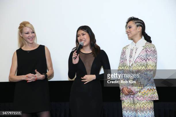 Stephanie Sanditz, Claudia Tan, Kiana Madeira attend the New York Screening of "Perfect Addiction" at AMC Empire 25 on March 29, 2023 in New York...