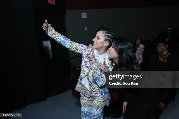 Kiana Madeira, Claudia Tan take a selfie at the New York Screening of "Perfect Addiction" at AMC Empire 25 on March 29, 2023 in New York City.