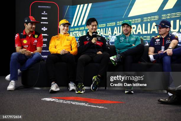 Charles Leclerc of Monaco and Ferrari, Oscar Piastri of Australia and McLaren, Zhou Guanyu of China and Alfa Romeo F1, Fernando Alonso of Spain and...