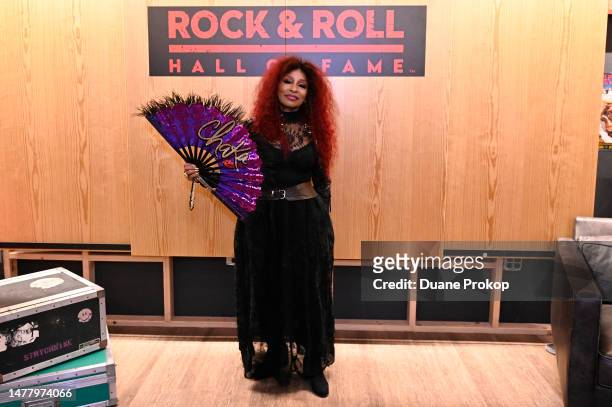 Chaka Khan poses for photos at The Garage before her 70th birthday celebration at the Rock & Roll Hall of Fame and Museum on March 29, 2023 in...