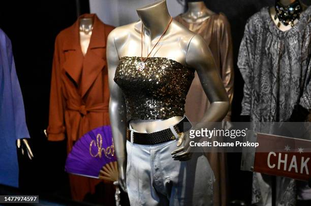 General view of costumes on display including a 1974 performance of "Tell Me Something Good" with Rufus on "The Midnight Special" variety series at...