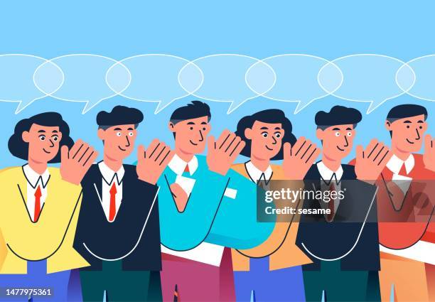 word of mouth, marketing and publicity, verbal information or advertising, gossip, businessmen listening to colleagues with their ears - word of mouth stock illustrations