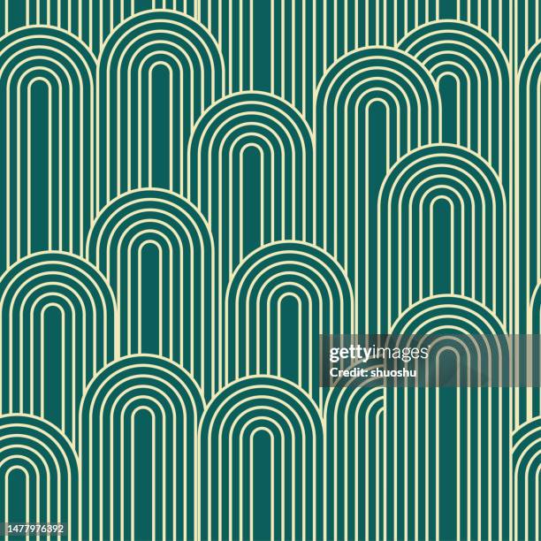 bildbanksillustrationer, clip art samt tecknat material och ikoner med abstract art deco green geometric line arch shape seamless pattern background - art déco