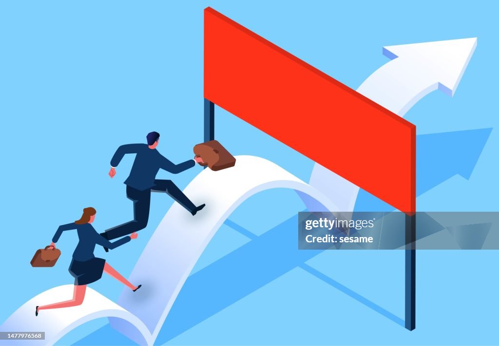 Emprendimiento, competencia en el lugar de trabajo, pruebas de desempeño y gestión, evaluación de la competencia profesional de los empleados, desarrollo o mejora profesional, hombres y mujeres de negocios isométricos que corren en la flecha hacia arri