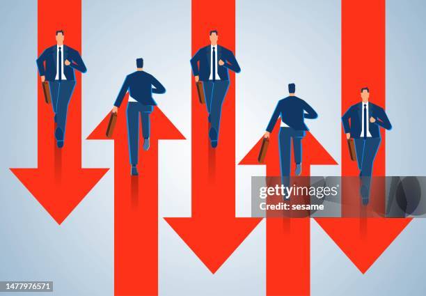 competition for career or business development, employee performance ratings, determination to make decisions in the midst of uncertainty and to conquer adversity and achieve victory, businessmen running on arrows in opposite - facing obstacles stock illustrations