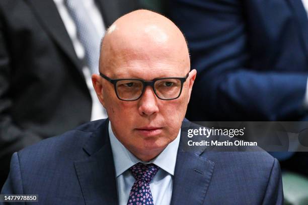 Leader of the Opposition Peter Dutton speaks during Question Time at Parliament House on March 30, 2023 in Canberra, Australia.