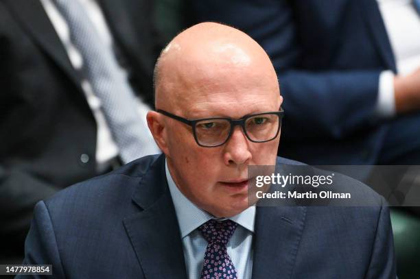 Leader of the Opposition Peter Dutton speaks during Question Time at Parliament House on March 30, 2023 in Canberra, Australia.