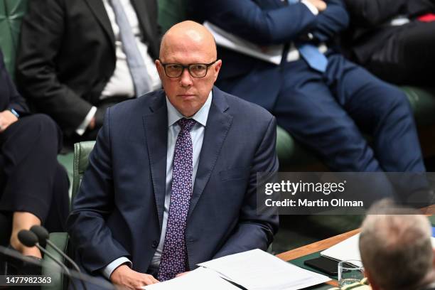 Leader of the Opposition Peter Dutton reacts during Question Time at Parliament House on March 30, 2023 in Canberra, Australia.