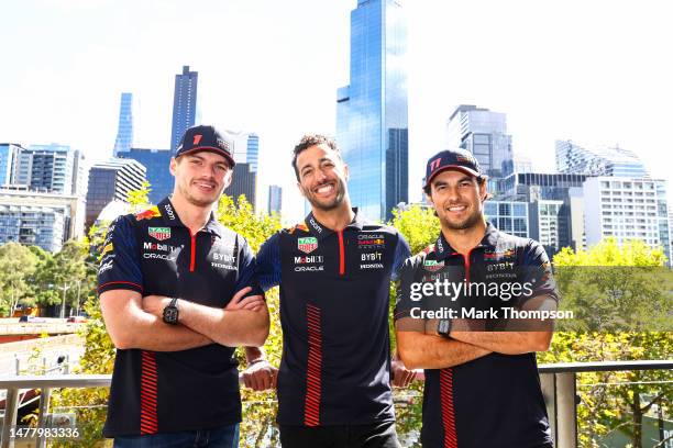 Max Verstappen of the Netherlands and Oracle Red Bull Racing, Daniel Ricciardo of Australia and Oracle Red Bull Racing and Sergio Perez of Mexico and...