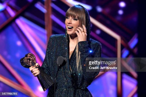 Taylor Swift accepts the Song of the Year award for “Anti-Hero” onstage during the 2023 iHeartRadio Music Awards at Dolby Theatre on March 27, 2023...