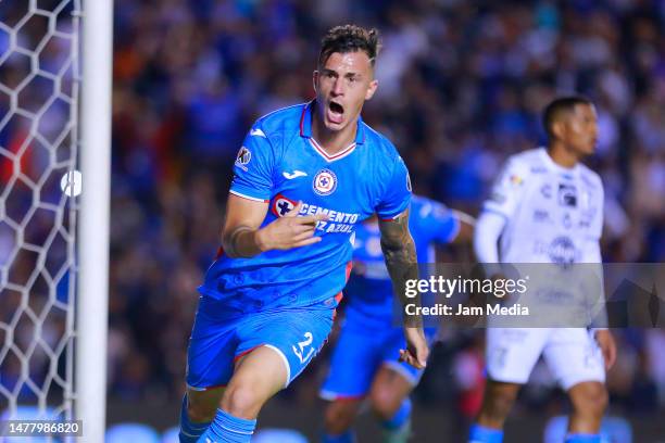 Augusto Lotti of Cruz Azul celebrates after scoring the team's second goal during the 4th round match between Queretaro and Cruz Azul as part of the...