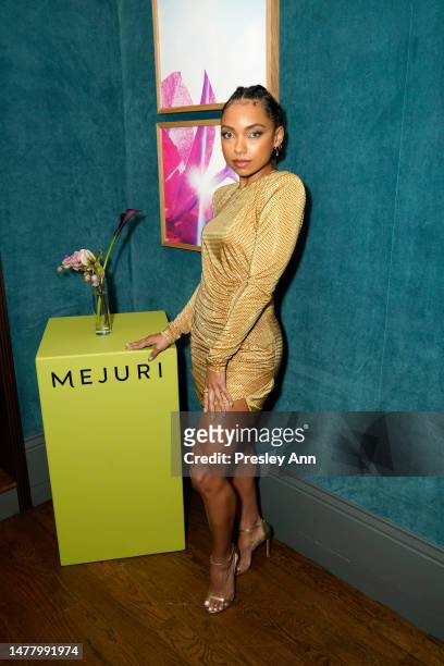 Logan Browning poses as Mejuri and Sophia Bush host Los Angeles dinner to celebrate the Year of Action Committee at Olivetta on March 29, 2023 in...
