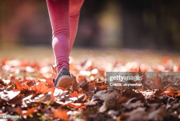 vista trasera de un niño irreconocible caminando en hojas de otoño. - pink sneakers fotografías e imágenes de stock