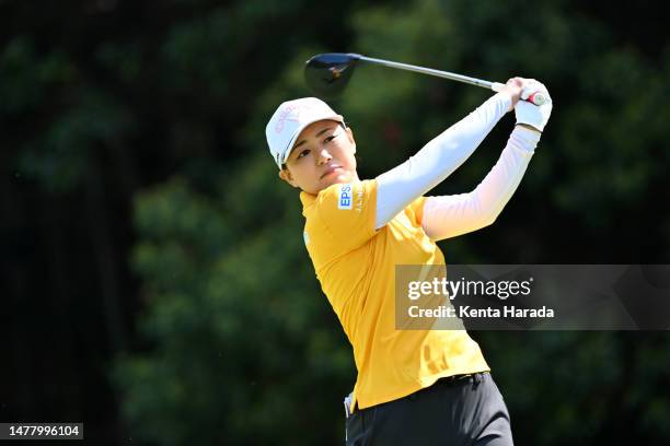 Sakura Yokomine of Japan hits her tee shot on the 5th hole during the first round of Yamaha Ladies Open Katsuragi at Katsuragi Golf Club Yamana...