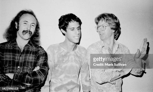 Musician/Singer David Crosby, Percussionist,Keyboards Ned Lagin and Bassist Phil Lesh pose at Sophie's, Palo Alto, CA 1975.