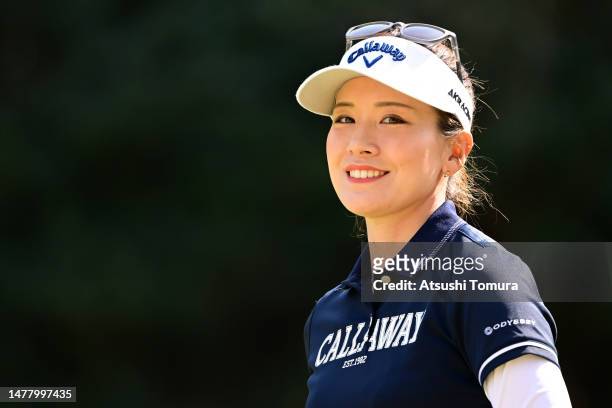 Hikari Fujita of Japan smiles on the 14th hole during the first round of Yamaha Ladies Open Katsuragi at Katsuragi Golf Club Yamana Course on March...