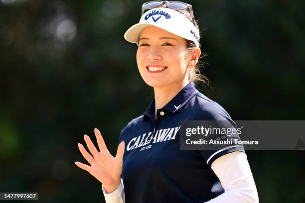 Hikari Fujita of Japan waves on the 14th hole during the first round of Yamaha Ladies Open Katsuragi at Katsuragi Golf Club Yamana Course on March...