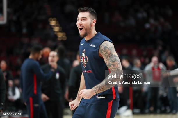 Willy Hernangomez of the New Orleans Pelicans warms up before a game against the Portland Trail Blazers at Moda Center on March 27, 2023 in Portland,...