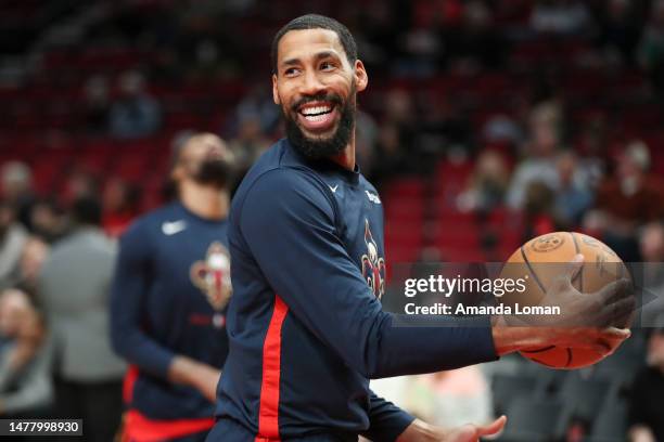 Garrett Temple of the New Orleans Pelicans warms up before a game against the Portland Trail Blazers at Moda Center on March 27, 2023 in Portland,...