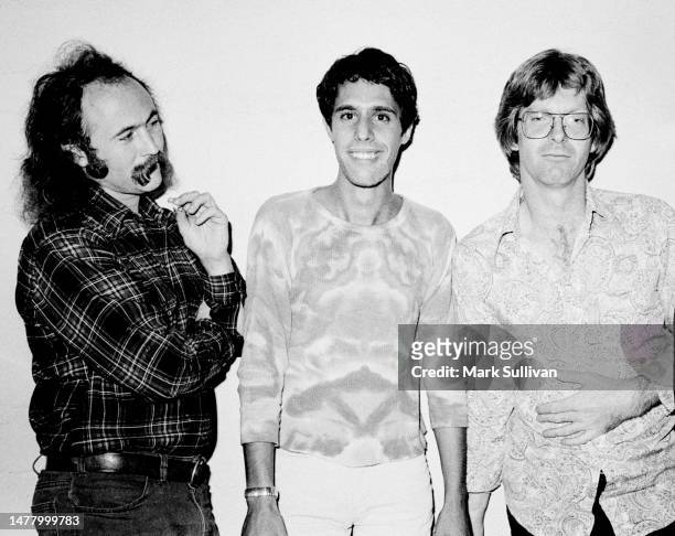 Musician/Singer David Crosby, Percussionist,Keyboards Ned Lagin and Bassist Phil Lesh pose at Sophie's, Palo Alto, CA 1975.