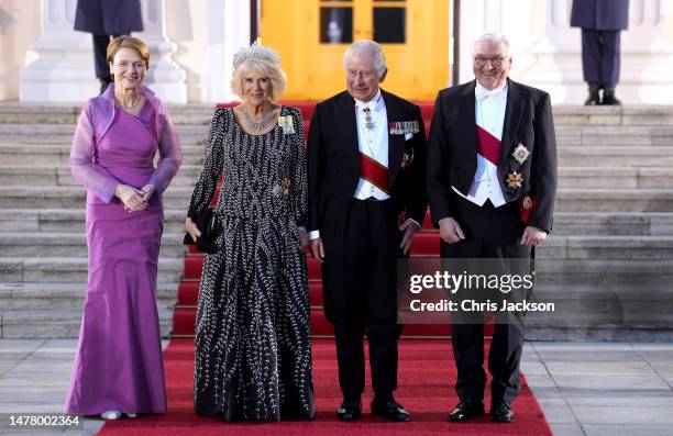 President of Germany Frank-Walter Steinmeier and First Lady Elke Büdenbender welcome King Charles III and Camilla, Queen Consort to Belleuvue Palace...