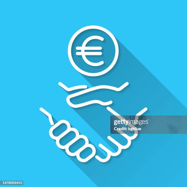 euro agreement. icon on blue background - flat design with long shadow - handshake blue background stock illustrations