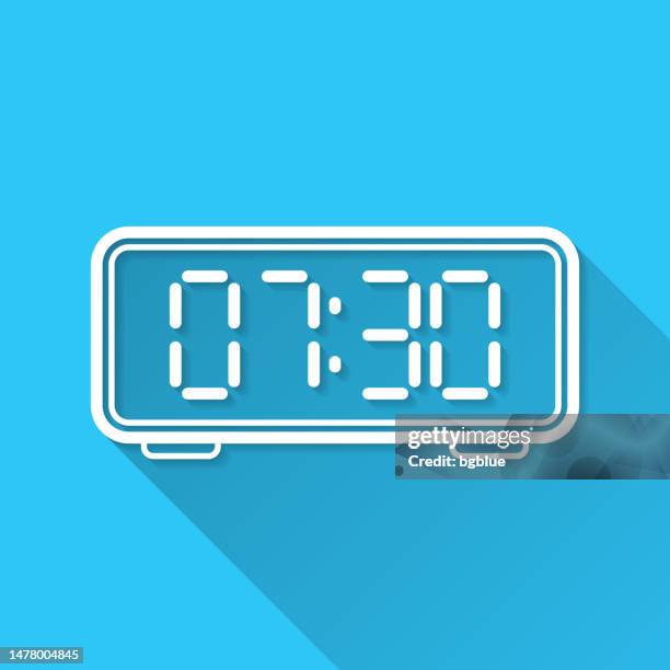 digital clock. icon on blue background - flat design with long shadow - digital clock image stock illustrations