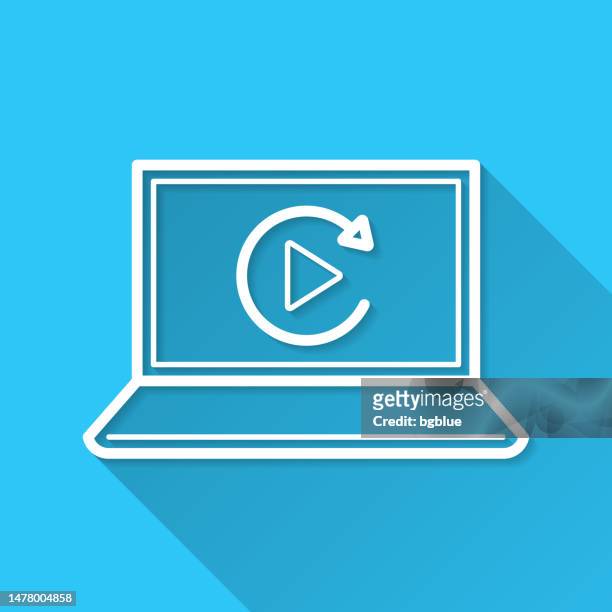replay on laptop. icon on blue background - flat design with long shadow - replay stock illustrations
