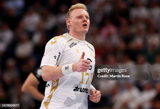 Patrick Wiencek of THW Kiel reacts during the EHF Champions League match between THW Kiel and CS Dinamo Bucuresti at Wunderino Arena on March 29,...