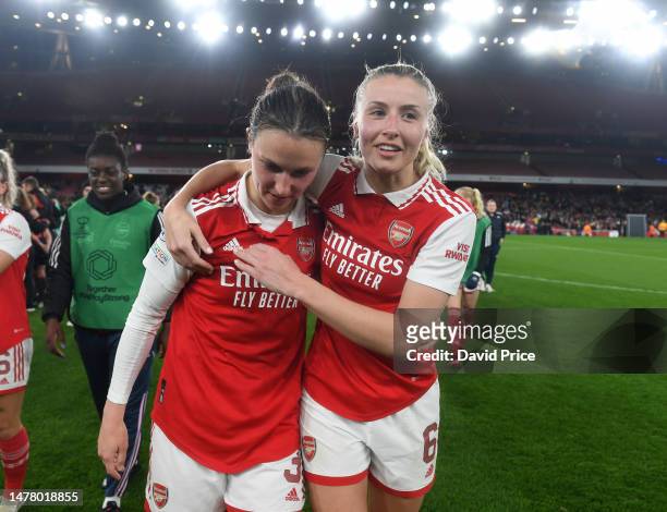 Lotte Wubben-Moy and Leah Wiliamson of Arsenal after the UEFA Women's Champions League quarter-final 2nd leg match between Arsenal and FC Bayern...