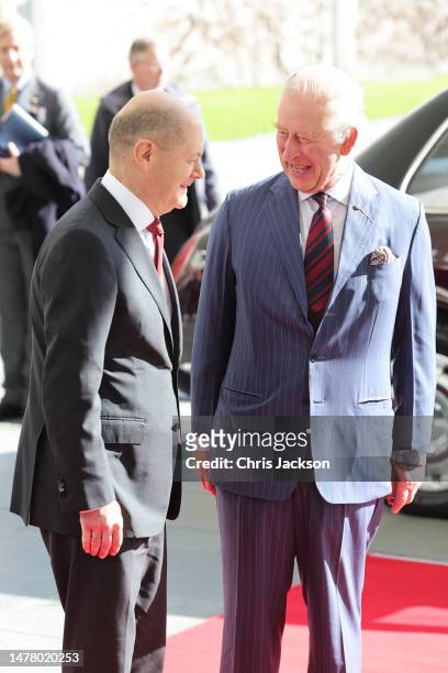 King Charles III attends a meeting with Chancellor Olaf Scholz at The Federal Chancellery on March 30, 2023 in Berlin, Germany. The King and The...