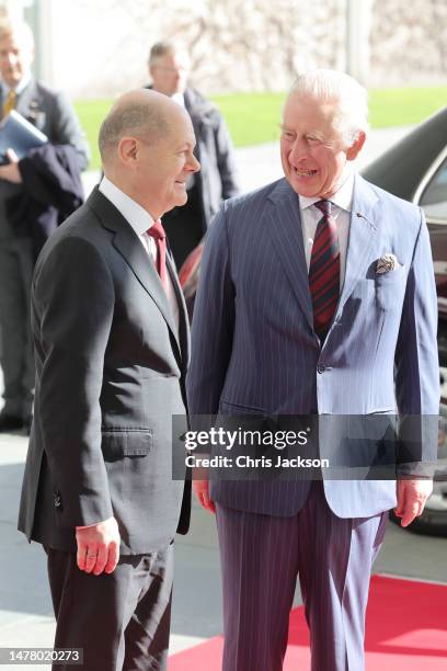 King Charles III attends a meeting with Chancellor Olaf Scholz at The Federal Chancellery on March 30, 2023 in Berlin, Germany. The King and The...