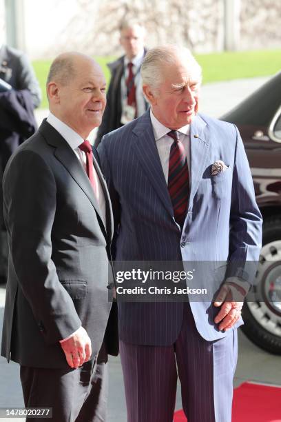 King Charles III attends a meeting with Chancellor Olaf Scholz at The Federal Chancellery on March 30, 2023 in Berlin, Germany. The King and The...