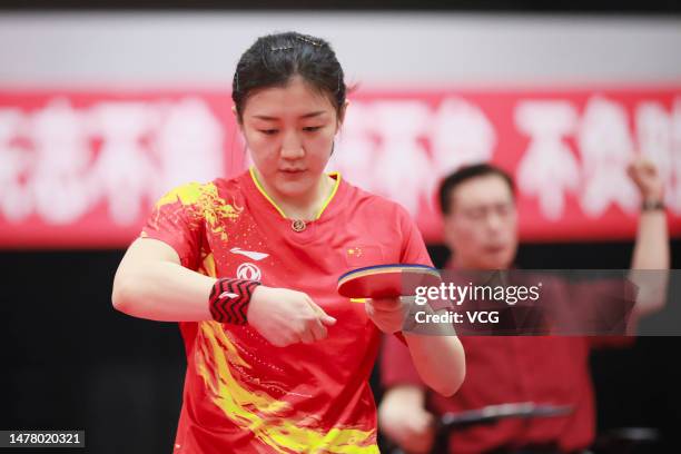 Chen Meng competes in the Women's singles semi-final match against Qian Tianyi during the Chinese Team Trials for 2023 Durban World Table Tennis...