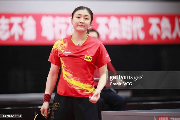 Chen Meng reacts in the Women's singles semi-final match against Qian Tianyi during the Chinese Team Trials for 2023 Durban World Table Tennis...