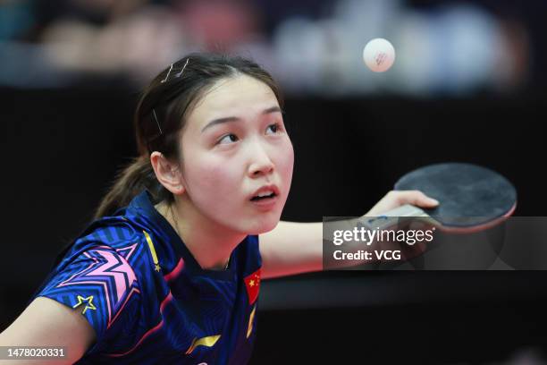 Qian Tianyi competes in the Women's singles semi-final match against Chen Meng during the Chinese Team Trials for 2023 Durban World Table Tennis...