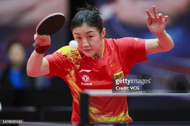 Chen Meng competes in the Women's singles semi-final match against Qian Tianyi during the Chinese Team Trials for 2023 Durban World Table Tennis...