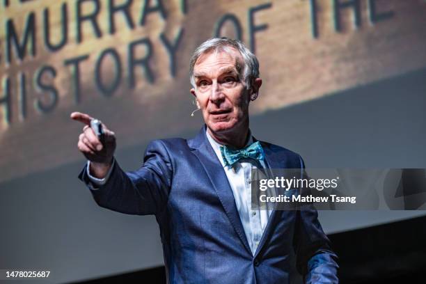 Author, science educator, inventor, engineer, comedian, and Emmy Award-winning television presenter Bill Nye speaks onstage during The End is Nye. An...