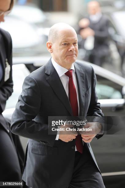 Chancellor Olaf Scholz is welcomed by the President of the German Bundestag, Bärbel Bas at the Reichstag Building on March 30, 2023 in Berlin,...