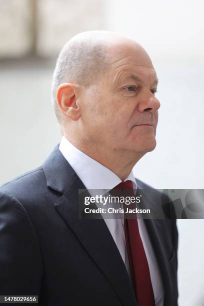 Chancellor Olaf Scholz is welcomed by the President of the German Bundestag, Bärbel Bas at the Reichstag Building on March 30, 2023 in Berlin,...