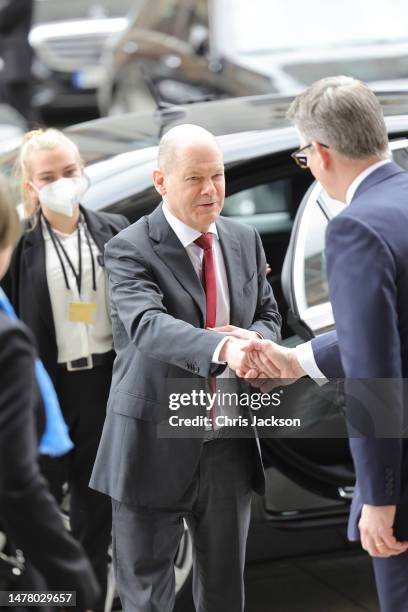Chancellor Olaf Scholz is welcomed by the President of the German Bundestag, Bärbel Bas at the Reichstag Building on March 30, 2023 in Berlin,...