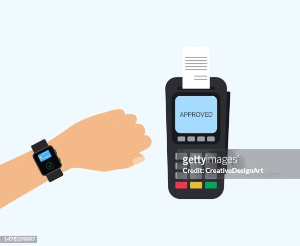 bildbanksillustrationer, clip art samt tecknat material och ikoner med contactless payment concept with smart watch and pos terminal. smart watch making contactless transactions with nfc technology - debit cards credit cards accepted