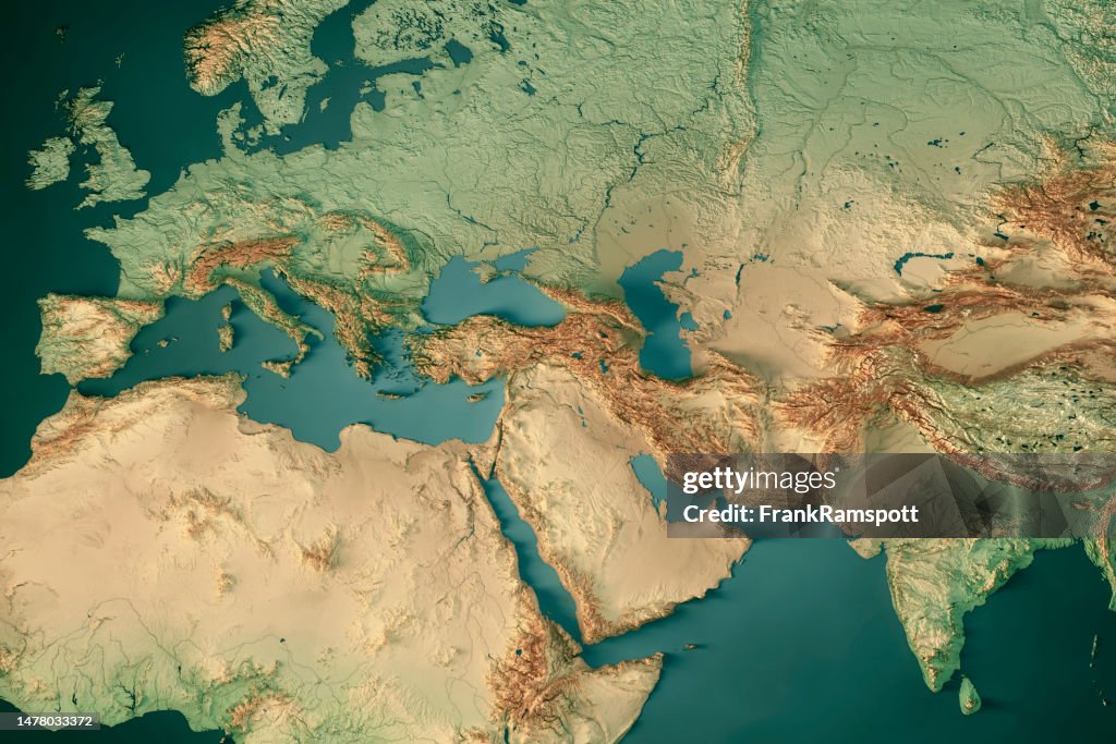 Europa Indien Mittlerer Osten 3D Render Topografische Karte Dunkler Ozean Farbe