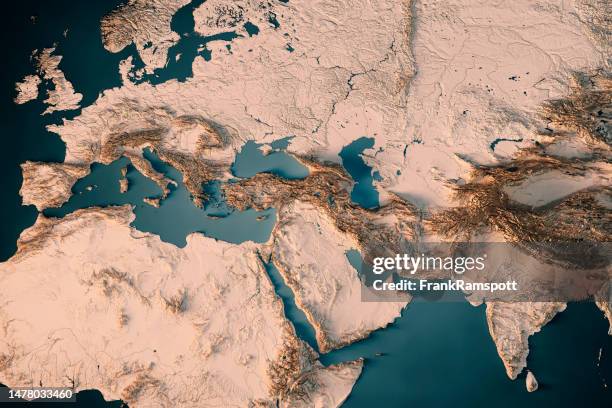 europe inde moyen-orient 3d rendu carte topographique océan sombre neutre - carte en relief photos et images de collection
