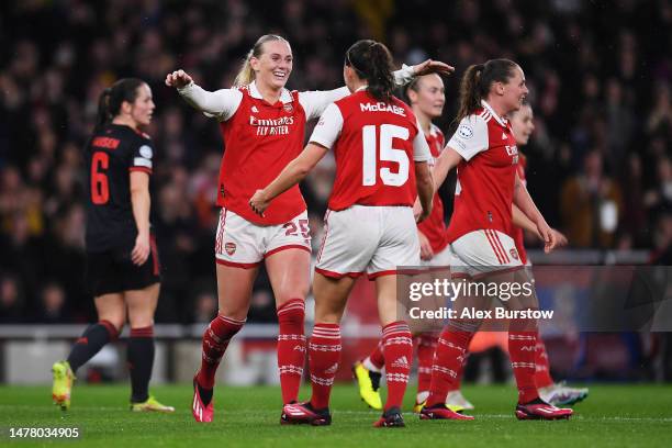 Stina Blackstenius of Arsenal celebrates with teammate Katie McCabe after scoring the team's second goal during the UEFA Women's Champions League...
