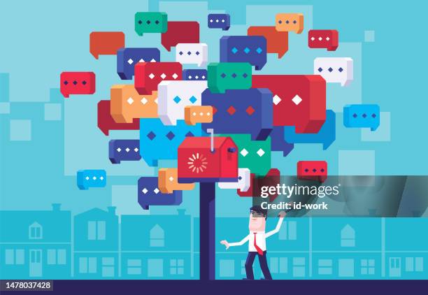 businessman chopping mailbox with lot of speech bubbles covering - excess icon stock illustrations