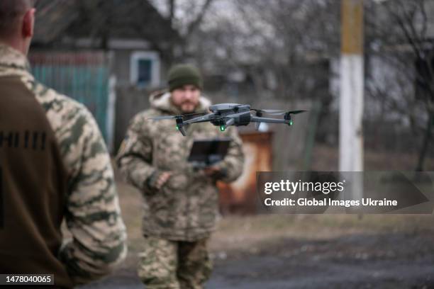 Ukrainian military practice to operate DJI Mavic 3 quadcopter drone in a village 60 km from the front line, where Ukrainian infantry battalion was...