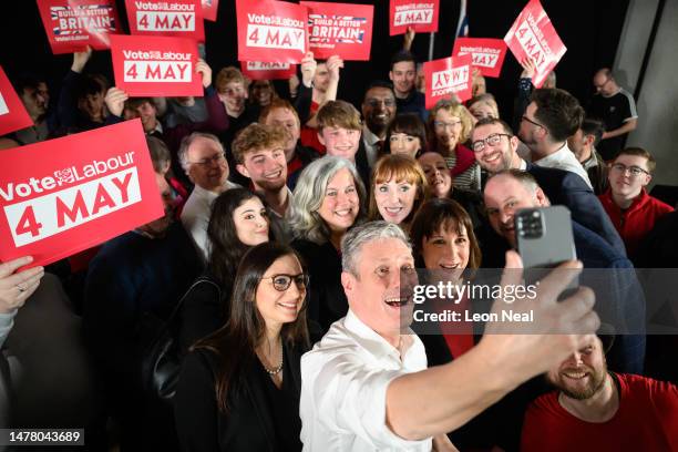 Labour Party leader Keir Starmer takes a selfie during the launch of Labour's Local Election campaign on March 30, 2023 in Swindon, England. Labour...