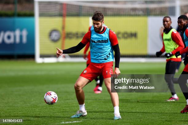 Duje Ćaleta-Car during a Southampton FC training session at the Staplewood Campus on March 30, 2023 in Southampton, England.